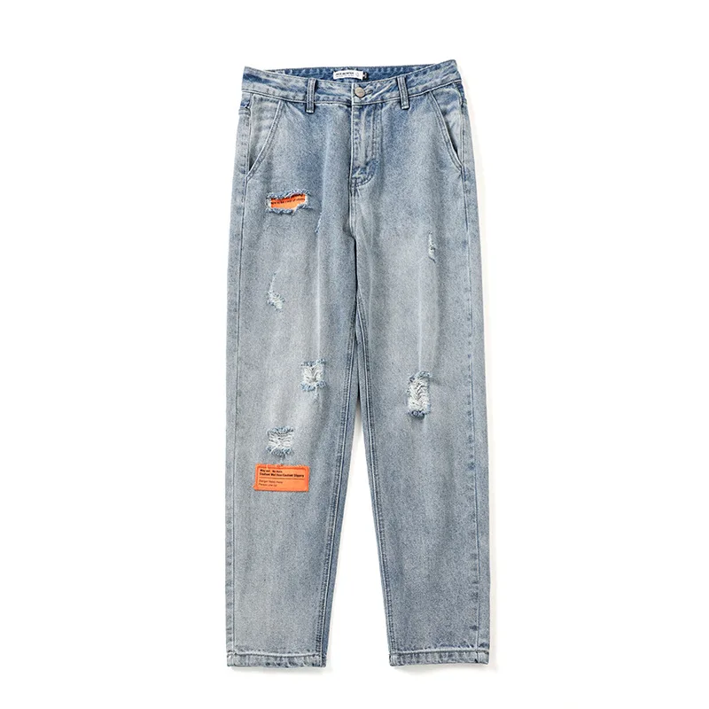 

Trendy men's Korean style straight men's trousers 2021 new Hong Kong wind hole labeling simple casual jeans men's trousers