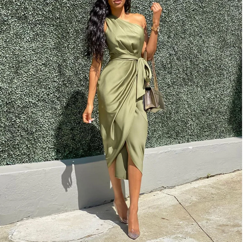 

2020 new slant shoulder dress women's irregular bandage dress belt