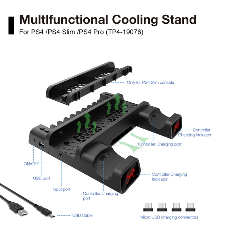 Вертикальная подставка для охлаждения вентилятора PS4/Slim/Pro зарядное светодиодный