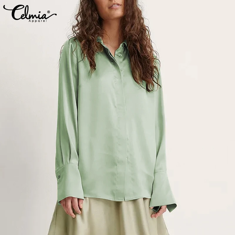 

Celmia Women 2021 Autumn Satin Silk Shirts Casual Loose Turn-down Collar Elegant Tops Long Sleeve Workplace Office Party Blusas