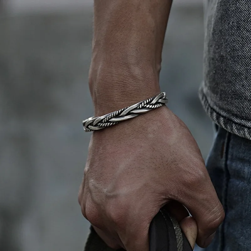 

Retro Men Open Woven Twisted Bracelet Bangle Ancient Silver Color Copper Punk Adjustable Cuff Jewelry Cool Boy Friendship Gifts