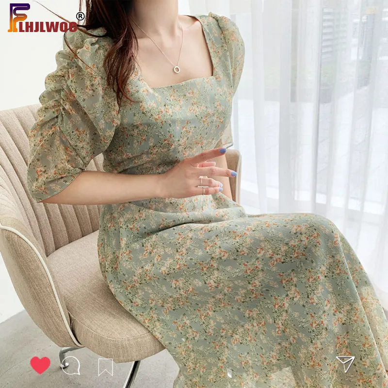 Korean Chic Dress Elegant Office Lady Temperament New 2020 Floral Print Square Collar A Line Retro Vintage Green Vestidos | Женская
