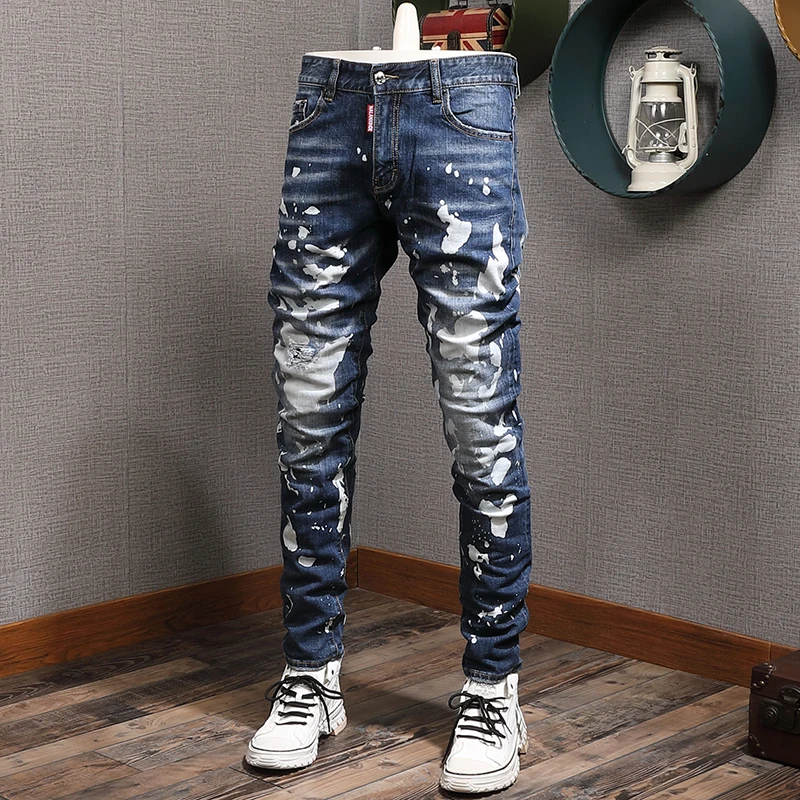 

Street Style Fashion Men Jeans Retro Dark Blue Elastic Slim Fit Ripped Jeans Men Splashed Designer Hip Hop Denim Punk Pants