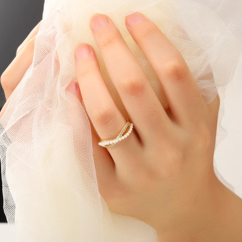 

Elegant Crystal Pearl Cross Infinity Ring Simple Wedding Rings Female Jewelry Opening Adjustable Finger Ring Christmas Gift