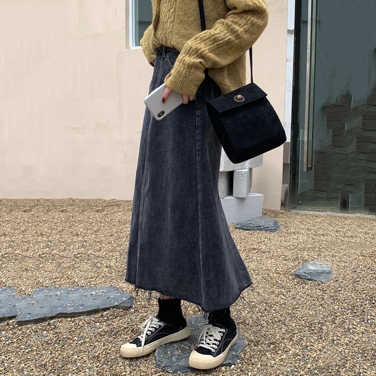 

Streetwear Women A-Line Denim Skirt Fashion Black Retro Vintage Korean Style Work Office OL High Waist Slim Lady Midi Skater