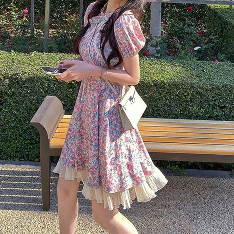 

Patchwork Bow Design Vingate Dress Women Short Sleeve Floral Dress Evening Party Dress for Females Korean Style 2021 Summer Lace