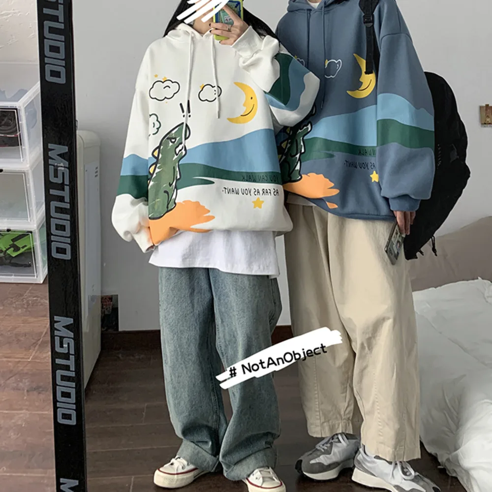 

Men Cartoon Dinosaur Printed Hoodies Long Sleeve Fleece Sweatshirts Mens Winter Hip Pop Hooded oversized Pullovers Men