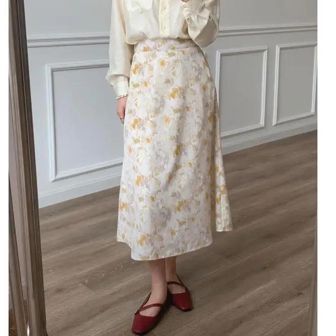 

Lauri Laki Vintage Floral Print Long Skirt Women Elegant Bohemia Elastic Waist Skirt Cotton Midi Summer 2021 Holiday Beach