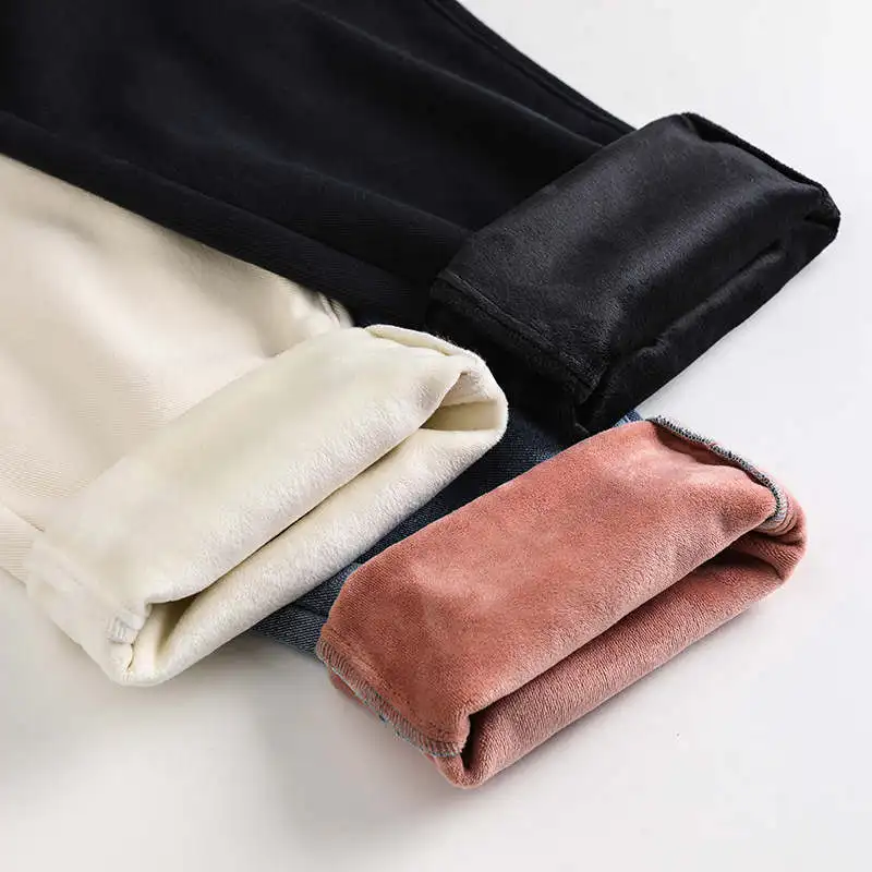 

Plus Velvet Thick Straight Jeans Woman Pantalon Femme Autumn Winter Beige White Warm Loose Mom Jeans Denim Casual Trousers C6860