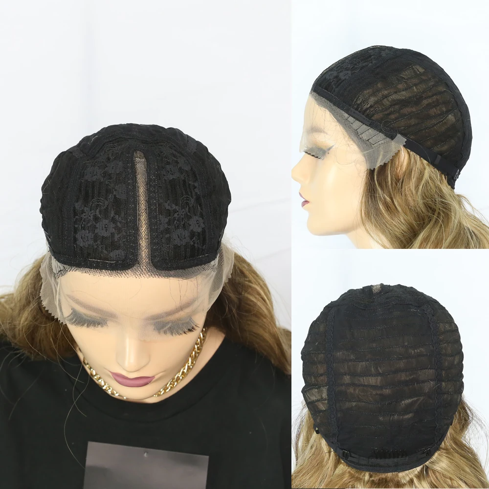 

Synthetic Lace wig Ombre Brown/Blond 2 Color Natural Wave Wigs For Women Heat Resistant L Part Lace Wig High Temperature Fiber