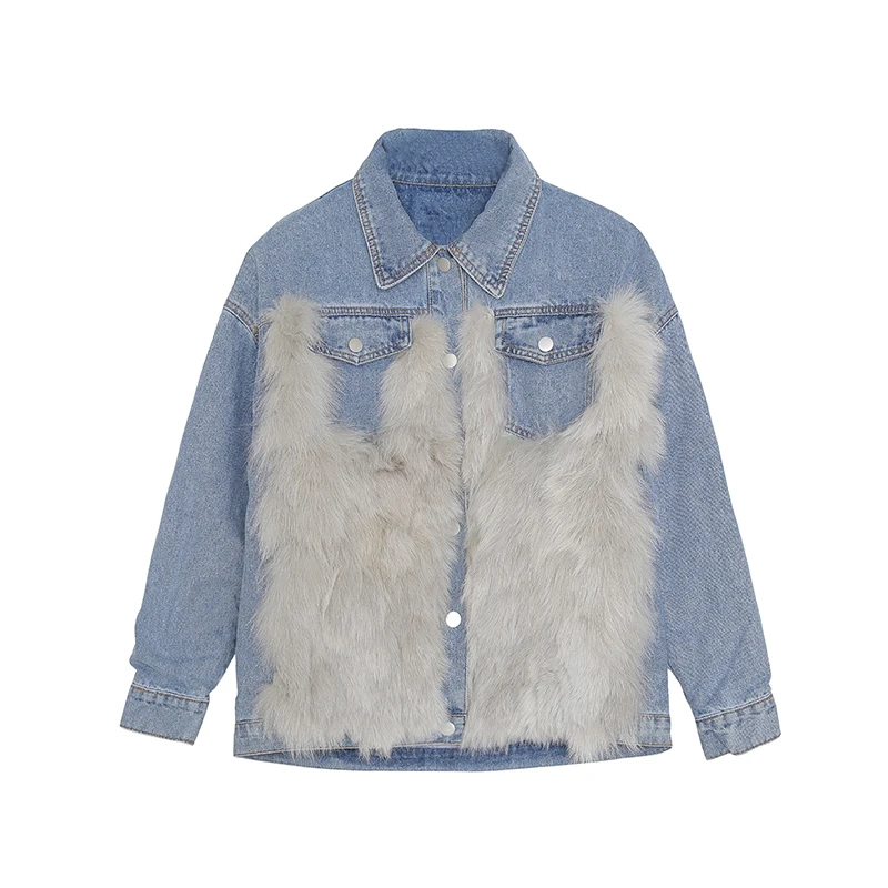 

Fashion Fur Patchwork Thick Denim Cotton-padded Jackets Women Warm Loose Coats Single Breasted Pockets Outerwear Female C042