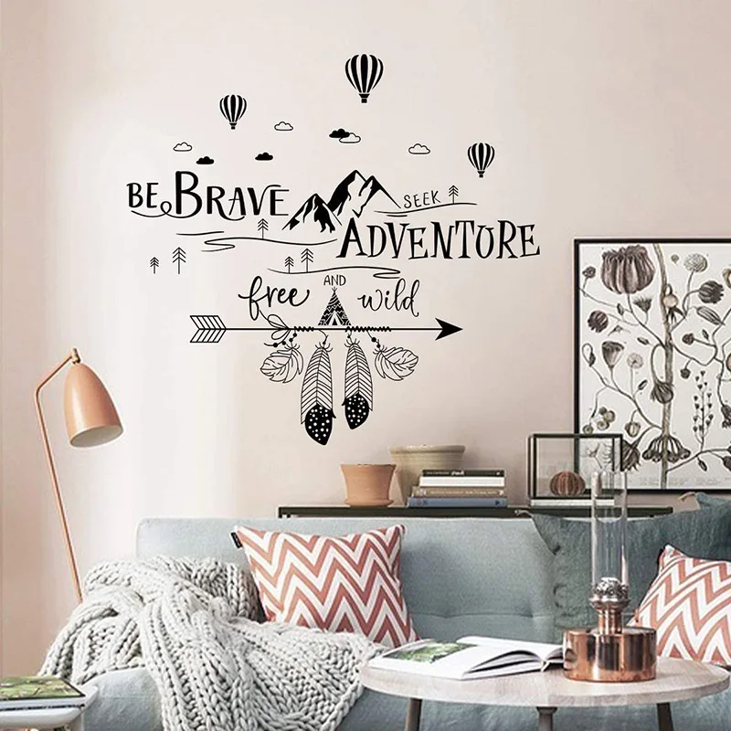 

Be Brave Mountains Hot Air Balloons Wall Sticker Seek Adventure Travel Inspirational Quote Wall Decal Bedroom Vinyl Home Decor