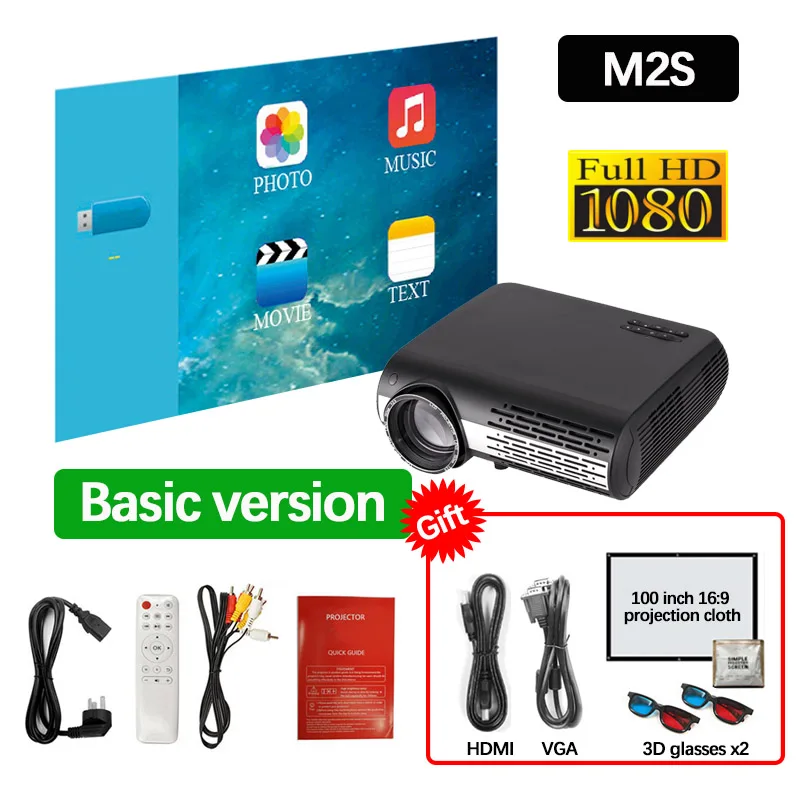 ALSTON M2/M2W FULL HD 1080P светодиодный проектор домашний мультимедийный проектор на выбор Android Версия wifi HDMI USB VGA Bluetooth с подарком - Цвет: M2-HD