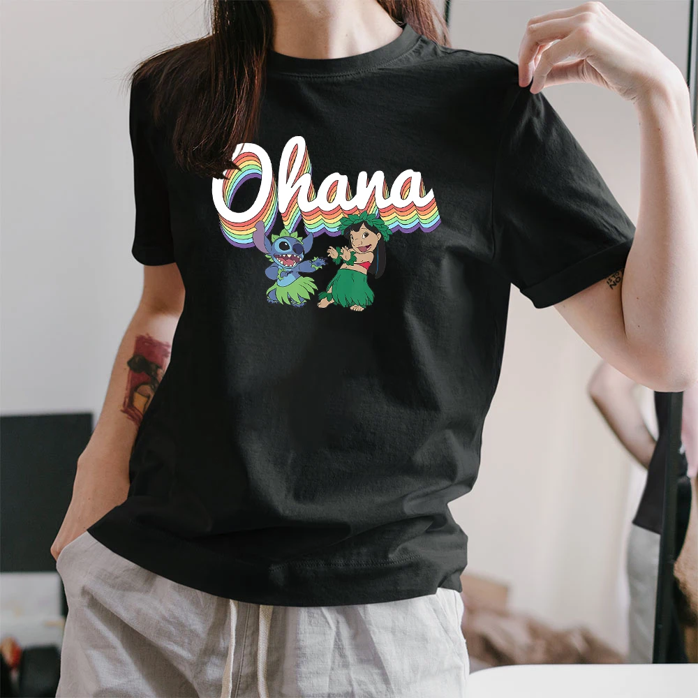 

Women's T-shirts Harajuku Girls Plus Size Tops Disney Lilo & Stitch Pride Ohana Rainbow T Shirt Summer Girl Tshirt Black Tees