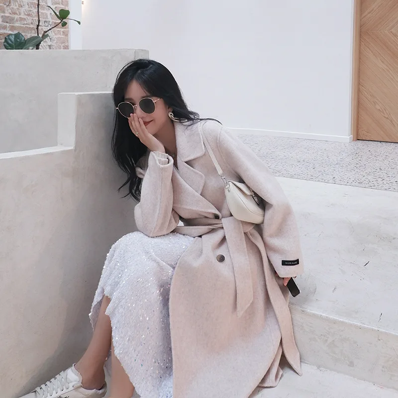 

Winter coat Ladies Suit Lapel Wool Overcoat Double-breasted With belt New Fashion Elegant Long Jacket abrigos para mujer
