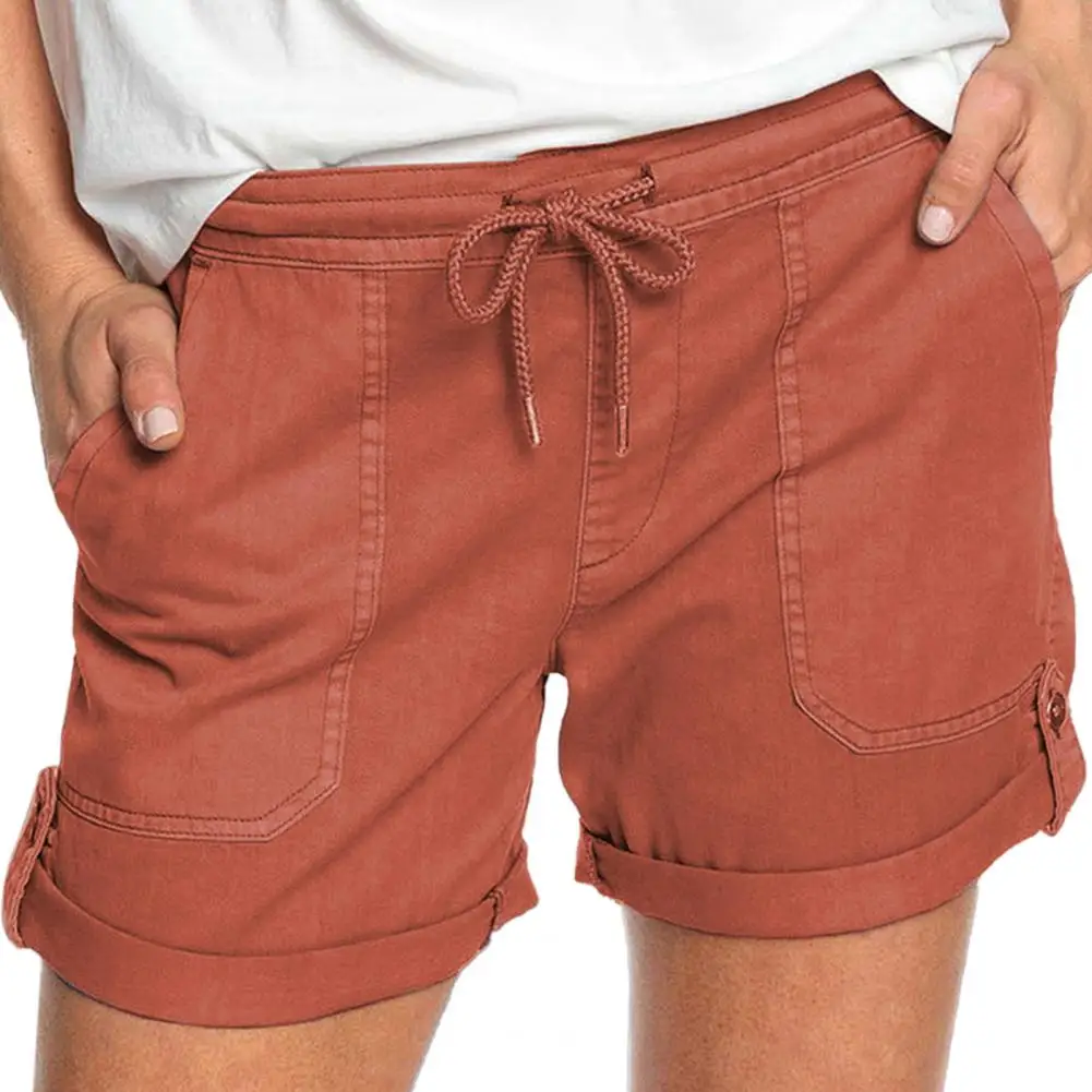

Shorts Mid Rise Solid Color Women Drawstring Pockets Short Pants for Summer