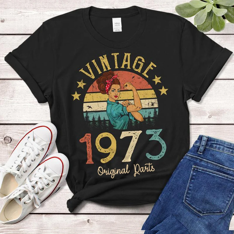 

Vintage 1973 Original Parts T-Shirt Rosie Women 50 Years Old 50th Birthday Gift Mom Wife Daughter Clothing Retro Tshirt