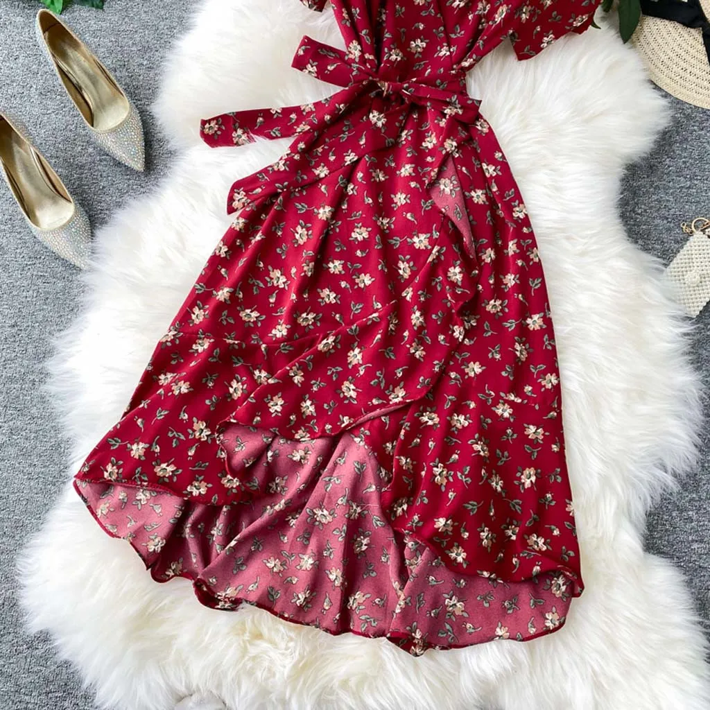 

Women Dresses Summer 2020 Sexy V Neck Floral Print Boho Beach Dress Ruffle Short Sleeve Line Mini Dress Wrap Sundress Robe