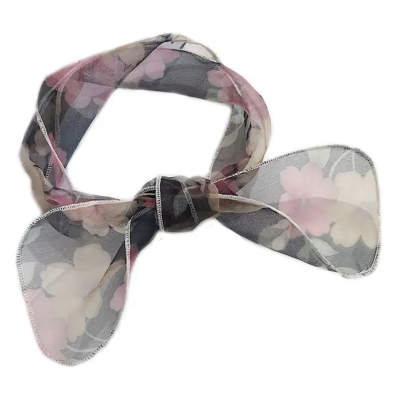 

Womens Organza Silky Scarf Colored Floral Printed Edging Transparent Skinny Neckerchief Hair Tie Multifunction Headwrap Ribbon