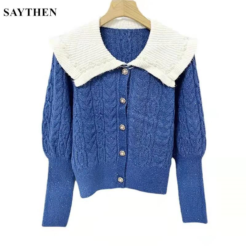 SAYTHEN New Autumn And Winter Blue Doll Collar Sweet Retro Beaded Square Collar Cardigan Western Style Chain Sweater