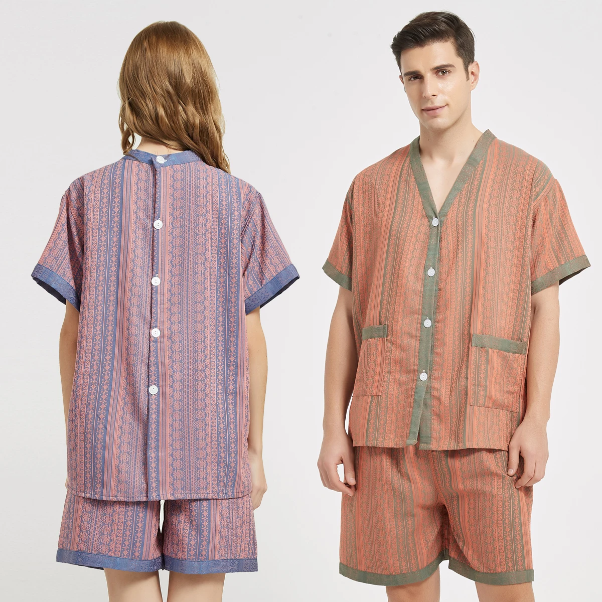 Summer Couple Pajama Sets Cotton Sleepwear Men And Women Home Clothing Pajamas Comfort Long Sleeves Buttons Homewear