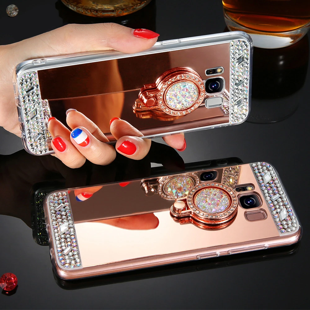 LAPOPNUT Rhinestones Metal Ring Mirror Back Case for Samsung Galaxy S20 Ultra S10 S10e Note10 8 9 S9 Plus S8 S7 S6 Edge Cover |
