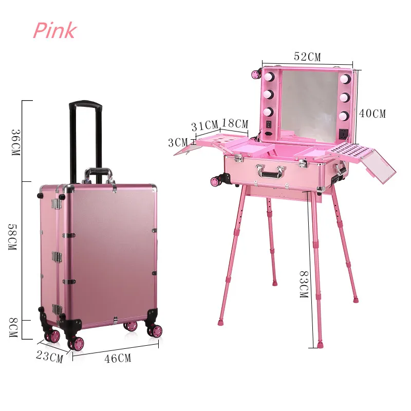Beli Koper Travel Merah Muda Casing Rias Artis Rias Wajah Profesional Mewah Dengan Kotak Kosmetik Aluminium Glitter Cahaya Cermin