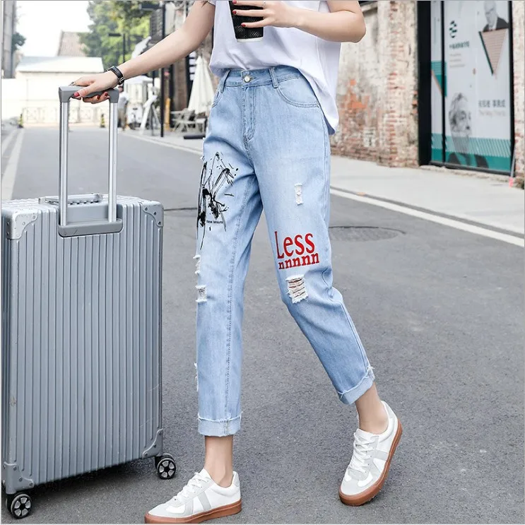 Женские джинсовые облегающие брюки джинсы с высокой талией рваные до колена