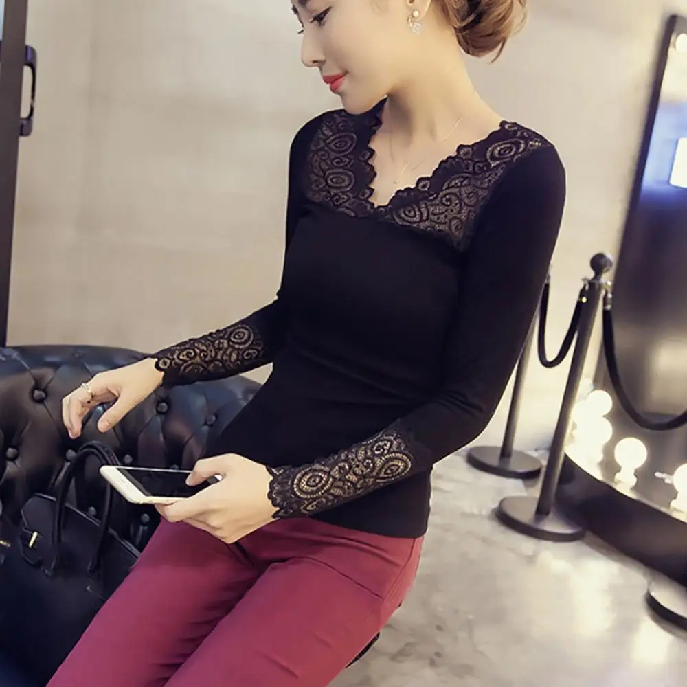 Женская кружевная блузка с длинным рукавом элегантная приталенная круглым