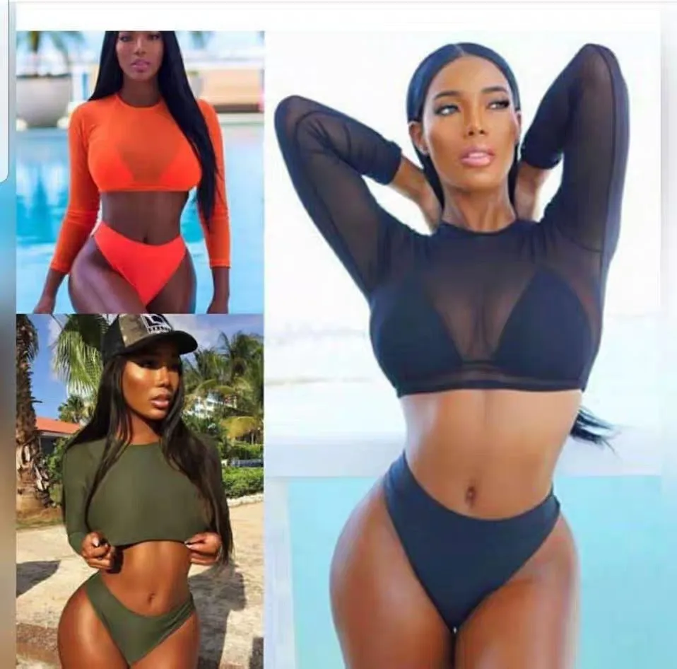 

Bikini Women's Long Sleeve Multi-Color Mesh Three-Piece Swimsuit
