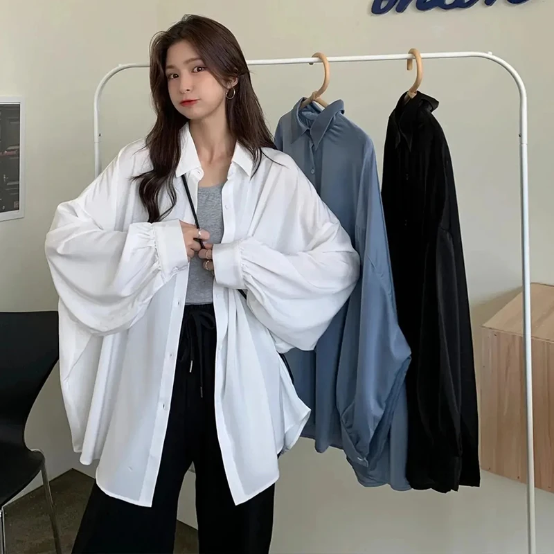 

Lantern Sleeve Elegant Shirt Blouse White Black Sexy Button Vintage Turn Down Collar Office Ladies Shirt Female Casual 2021