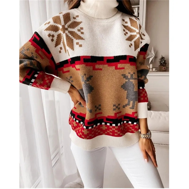 

Christmas winter Europe and the United States sweater of new style high collar elk Christmas jacquard knit sweater