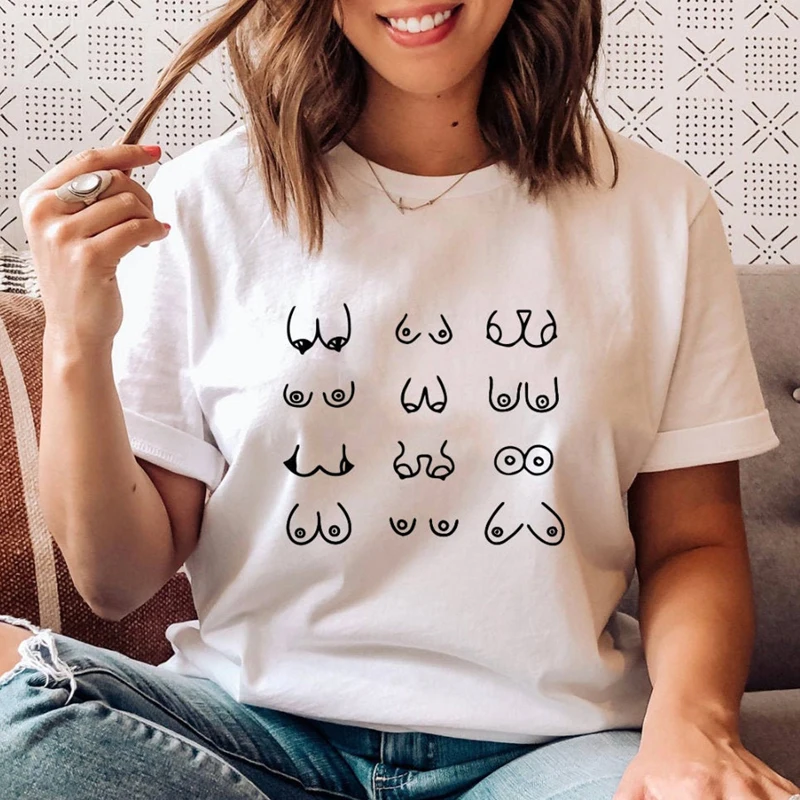 Happy Boobs T-shirt Funny Hipster Nipples Graphic Top Tee Shirt Casual Women Short Sleeve Feminist Tshirt Outfit