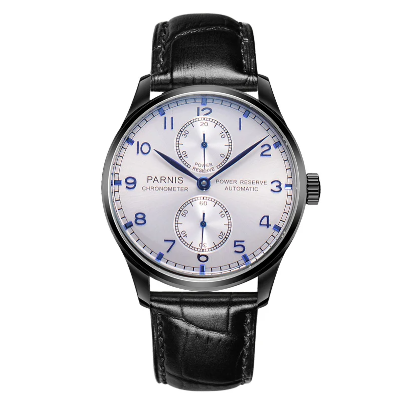 6 Parnis 43mm Silver Case Automatic Mechanical Men's Watch Power Reserve Black Leather Strap Men Watches heren horloge Luxury - Цвет: 6