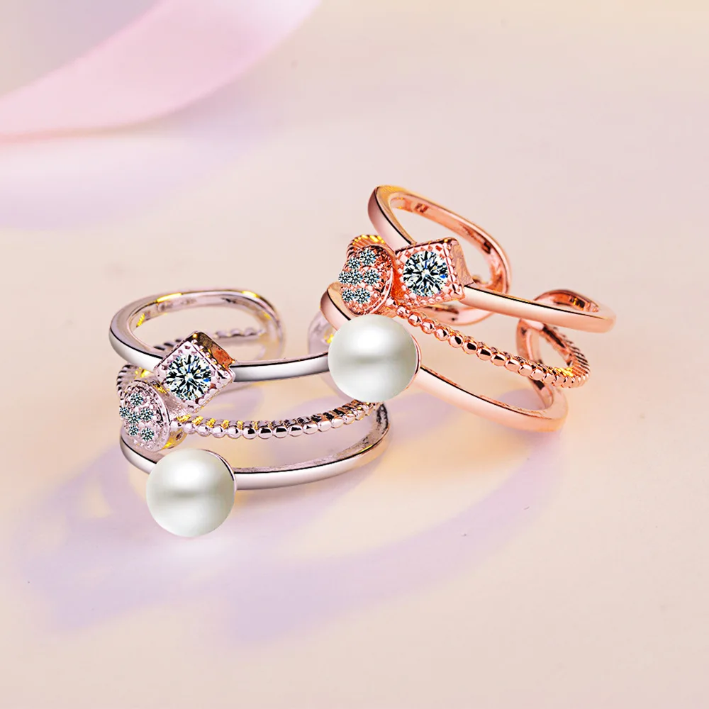 

925 Sterling Silver color Rings For Women Trendy Multi-layer Pearl Mosaic CZ Zirconia Resizable Rings bague femme Open Ring