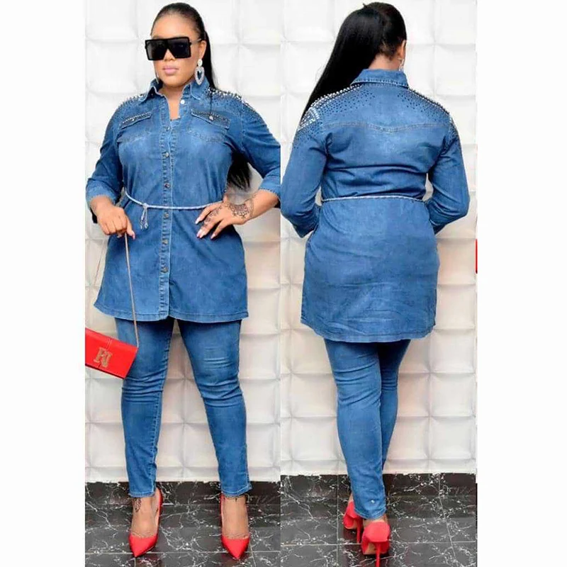 Комплект брюк для женщин в африканском стиле осень 2020 потертая бисером джинсовая