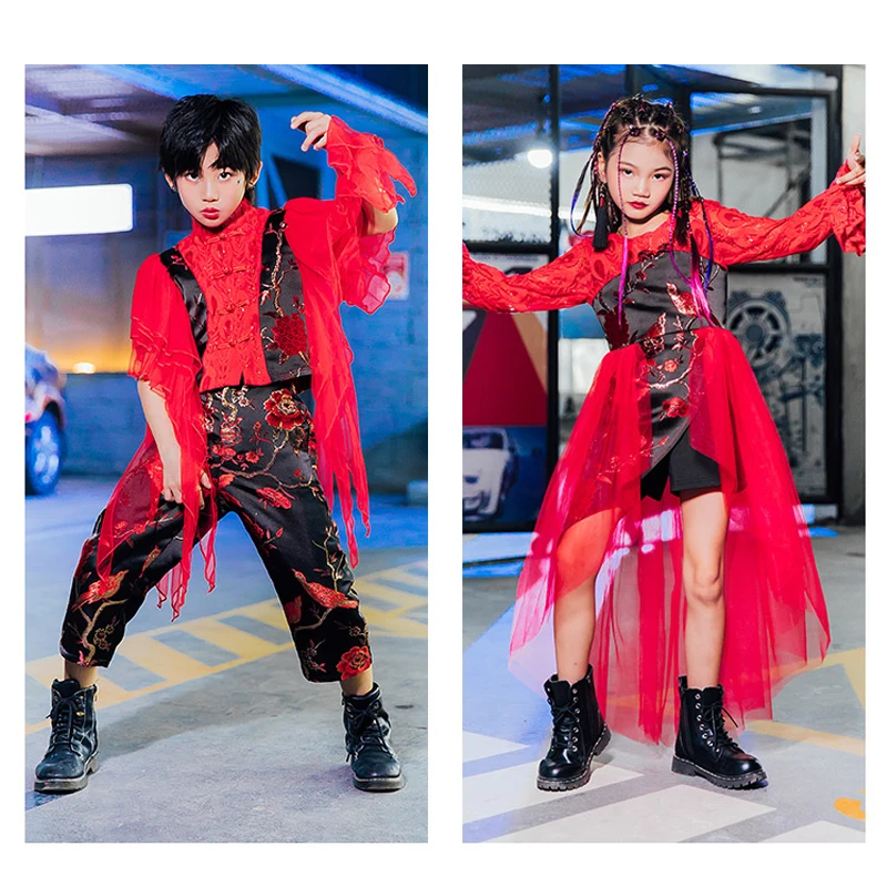 

Modern Street Dance Performance Costumes For Kids Boys And Girls Red Chinese Style Jazz Dancewear Child Hip Hop Suit
