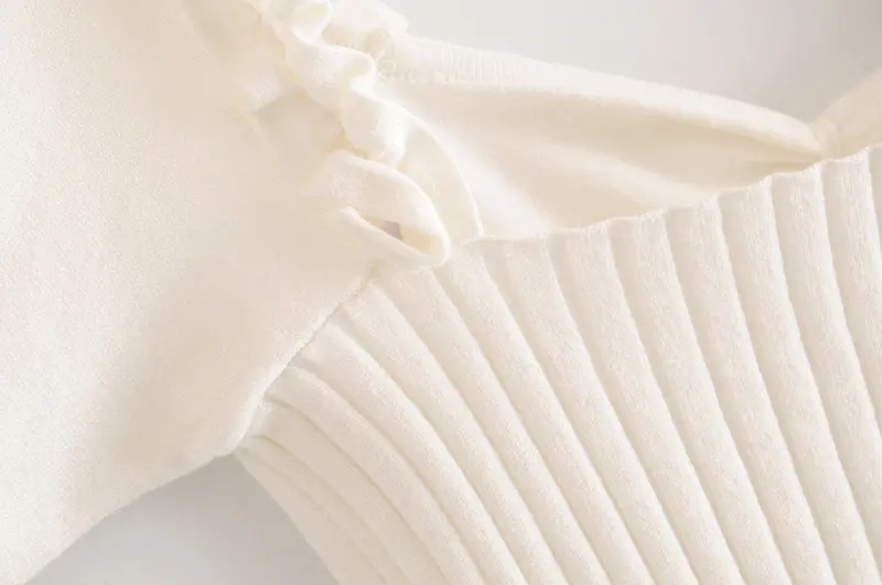 Bazaleas Elegant Lantern Sleeve Women Knitted Sweater Vintage sweater women France White Pullovers Dropshipping | Женская одежда