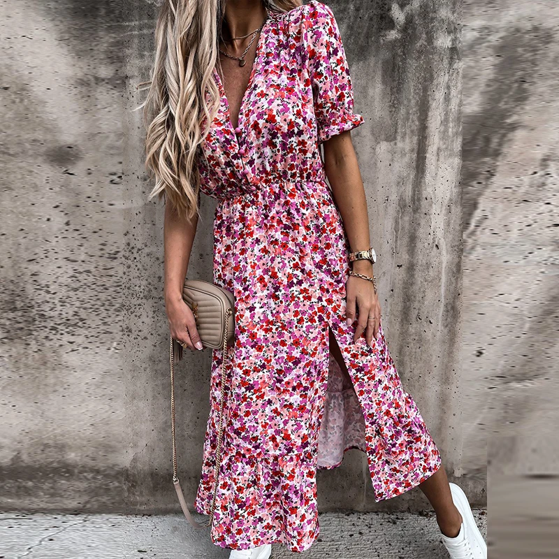

Women Boho Floral Dress Summer Casual Flower Printed Sexy V-neck Half Sleeve Dresses Ladies Beach Party High Waist Long Dress