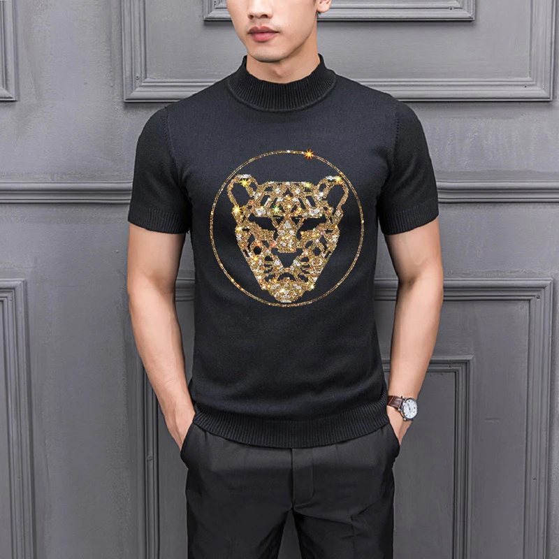 

Autumn Casual Men's Sweater Hot Diamond Style T-Shirt Cashmere Pullover Knitted Short Sleeve Soft Fabric Youth