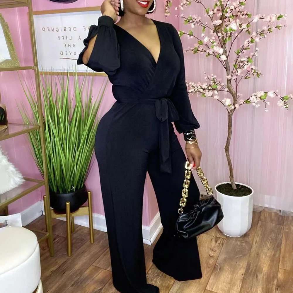 

2021 Spring New African Oversize Casual Women's Jumpsuit Solid Color V-neck Sexy High Waist Fashion Temperament Wide Leg Pants