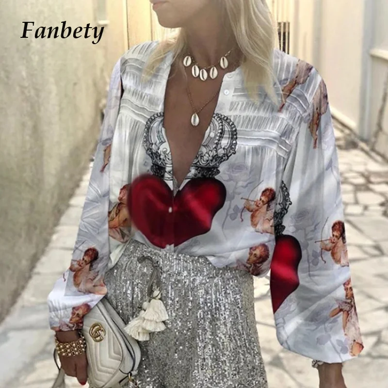 

Блузка женская с V-образным вырезом, модная пикантная рубашка с принтом сердца, элегантный винтажный топ с рукавами-фонариками, Офисная Повс...