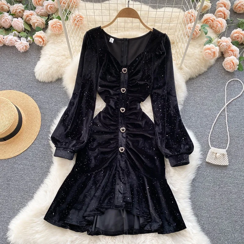 

French Temperament V-neck Retro Puff Sleeve Vestidos Women's Pleated Waist Thin Velvet Fishtail Midi Dress KK1563