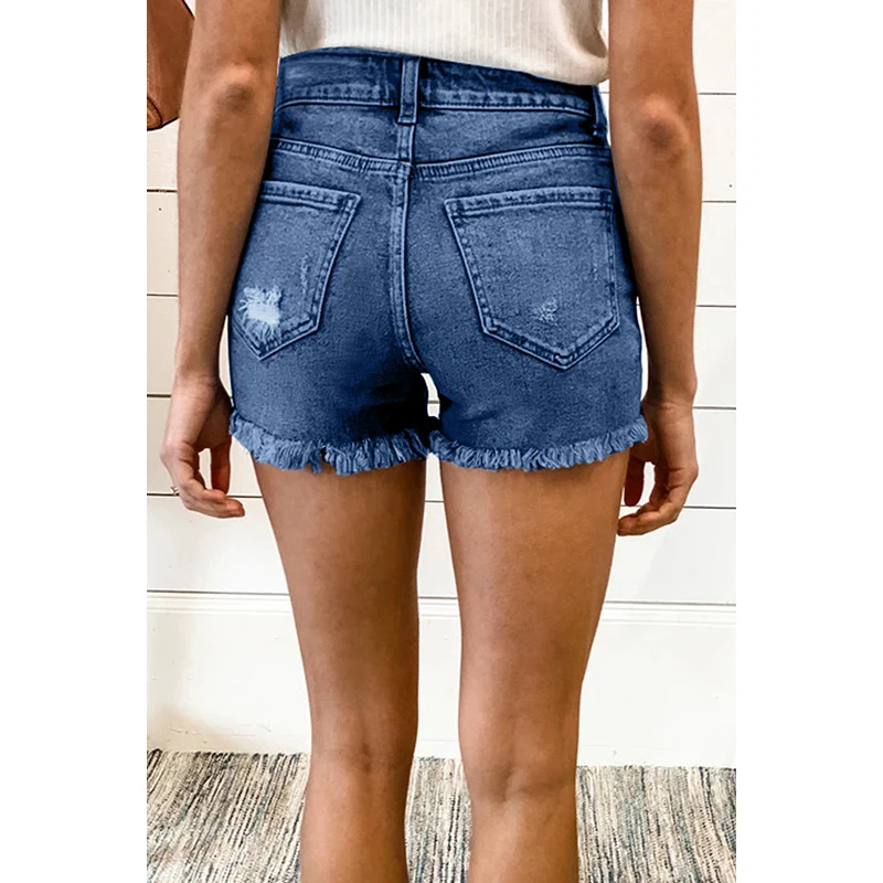 

2021 Plus Size Blue Frayed Hem Single Breasted Ripped Denim Shorts High Waist Woman Jeans Pantalones Vaqueros Mujer S-2XL