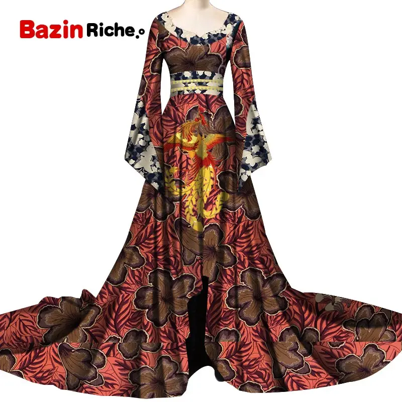 Dashiki African Print Long Dresses for Women Sexy Patchwork Lace O-neck Wedding Floor-length Dresses Bazin Riche Vestidos WY6082