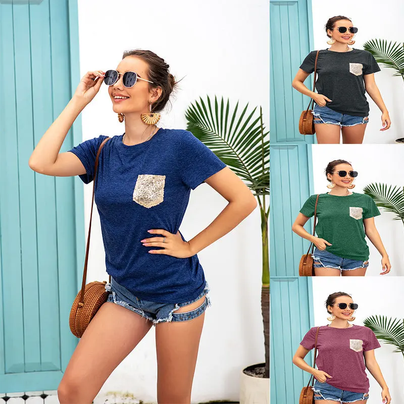 Женские топы летние футболки с коротким рукавом модные сшитые блестками