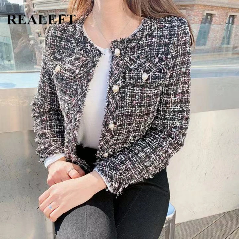 

REALEFT 2021 New Autumn Winter Woolen Women's Jacket Single Breasted Short Coats Tassel Elegant Slim Outwear Pockets Female