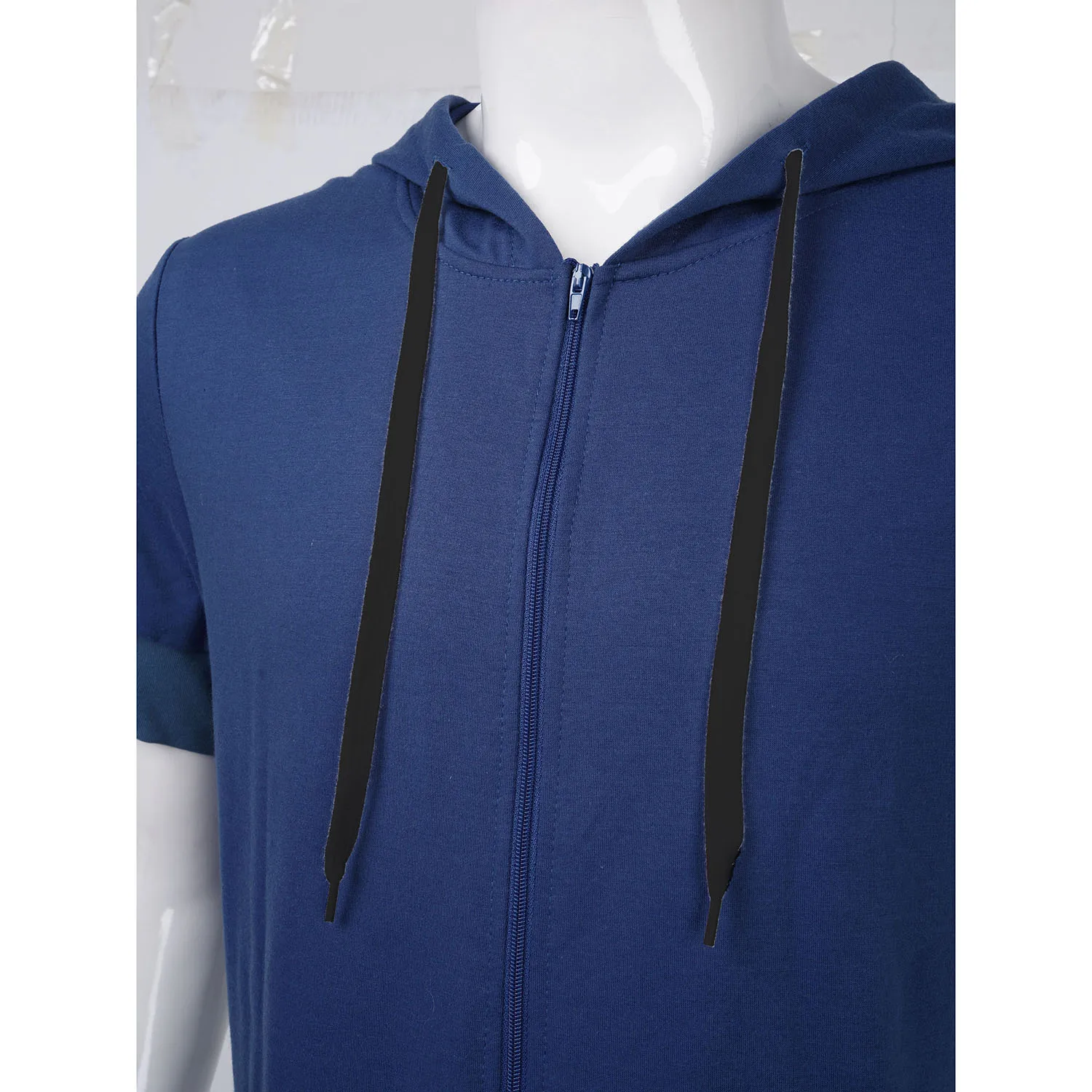 

Men Hooded Jumpsuits Solid Color Short Sleeve Zipper Bodysuit Romper One Piece Pajama Male Drawstring Hoodie Loungewear Large