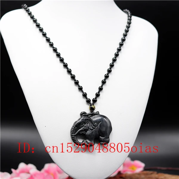 

Natural Black Obsidian Jade Elephant Pendant Beads Necklace Charm Jewelry Double-sided Hollow Carved Amulet Gifts for Her Men