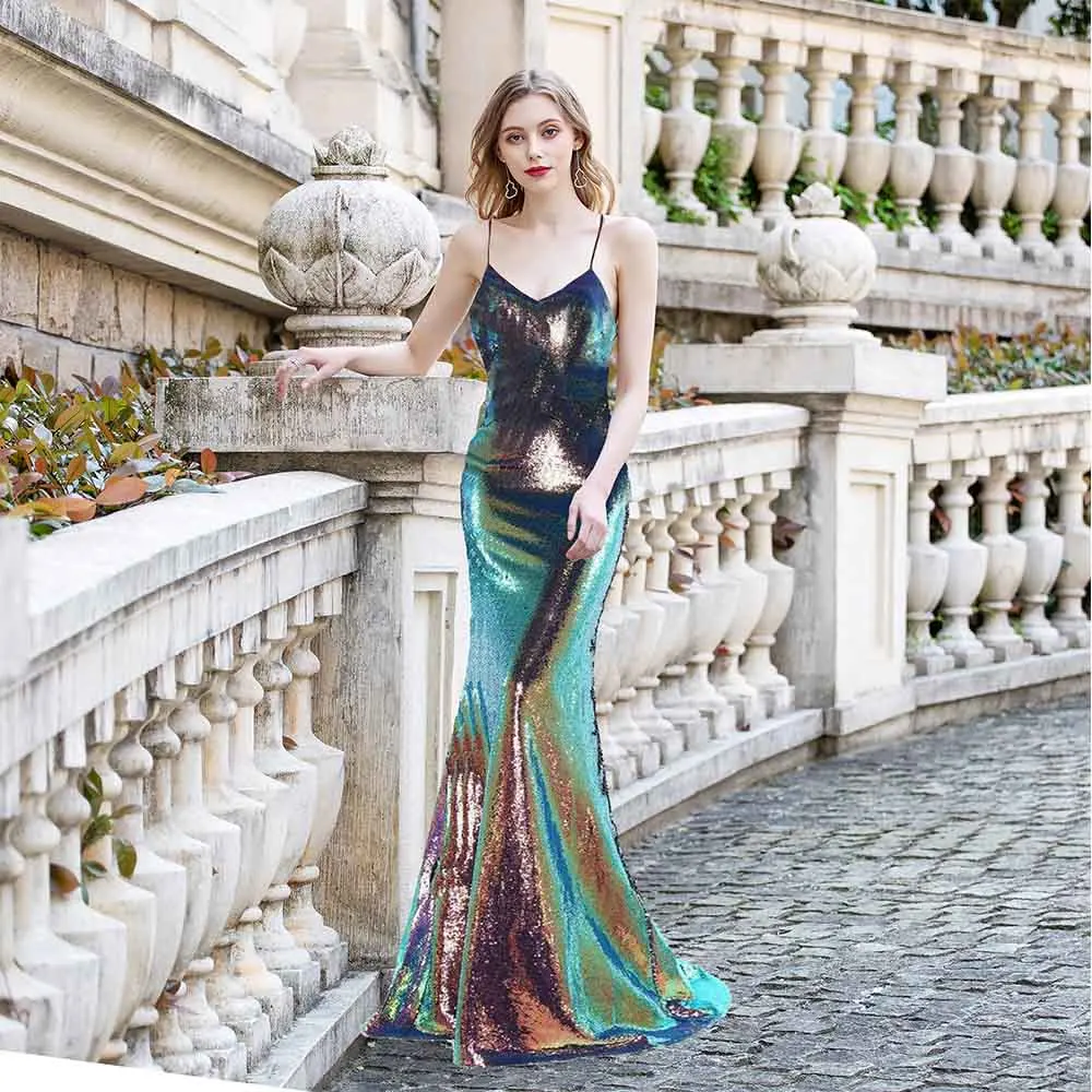 

Женское длинное платье с блестками, пикантное вечернее платье на бретельках с юбкой-годе, со шнуровкой сзади, без рукавов